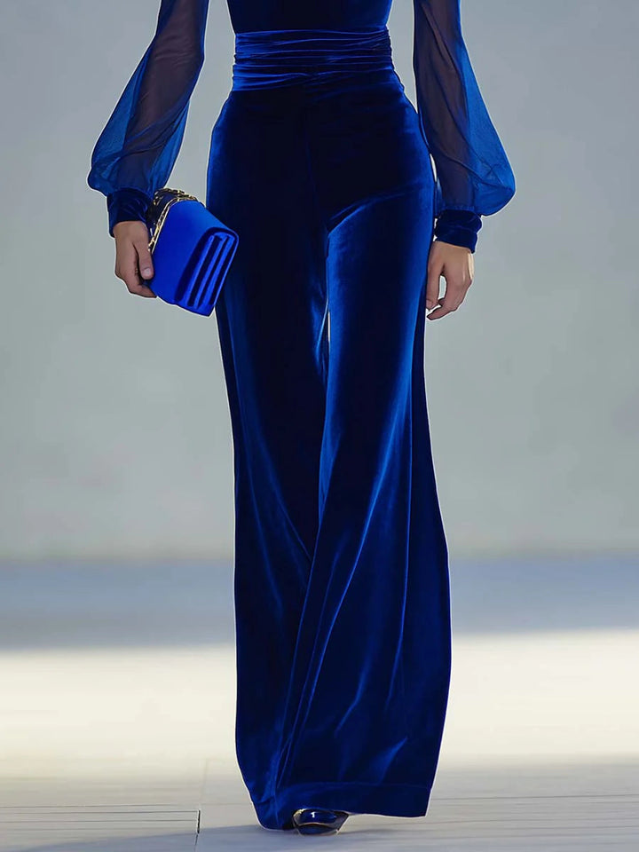 V Neck Jumpsuit for Women Sheer Sleeve Wide Leg