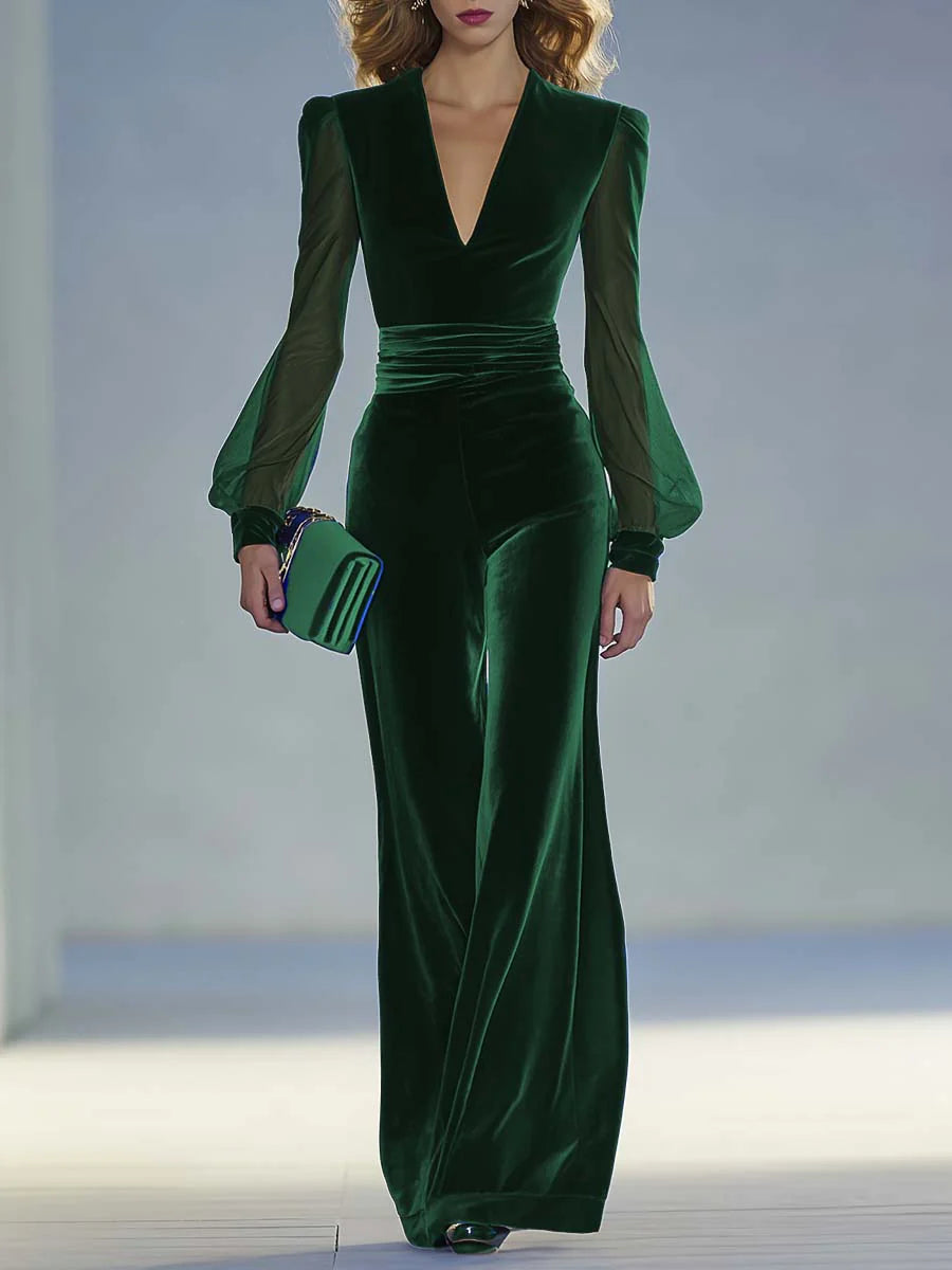 V Neck Jumpsuit for Women Sheer Sleeve Wide Leg