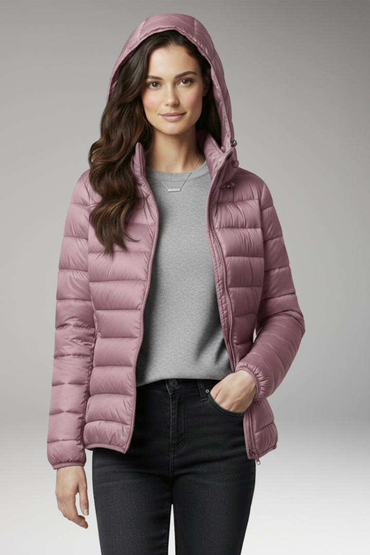 Hooded Puffer Jacket for Women - Textured Lightweight Warmth Coat