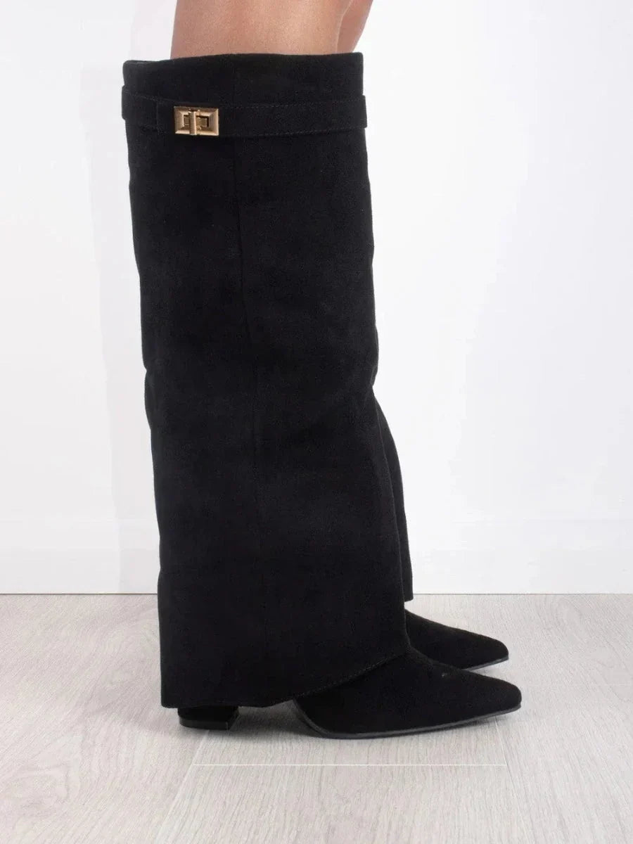 Women's fold-over faux suede boots with gold clasp - view 1