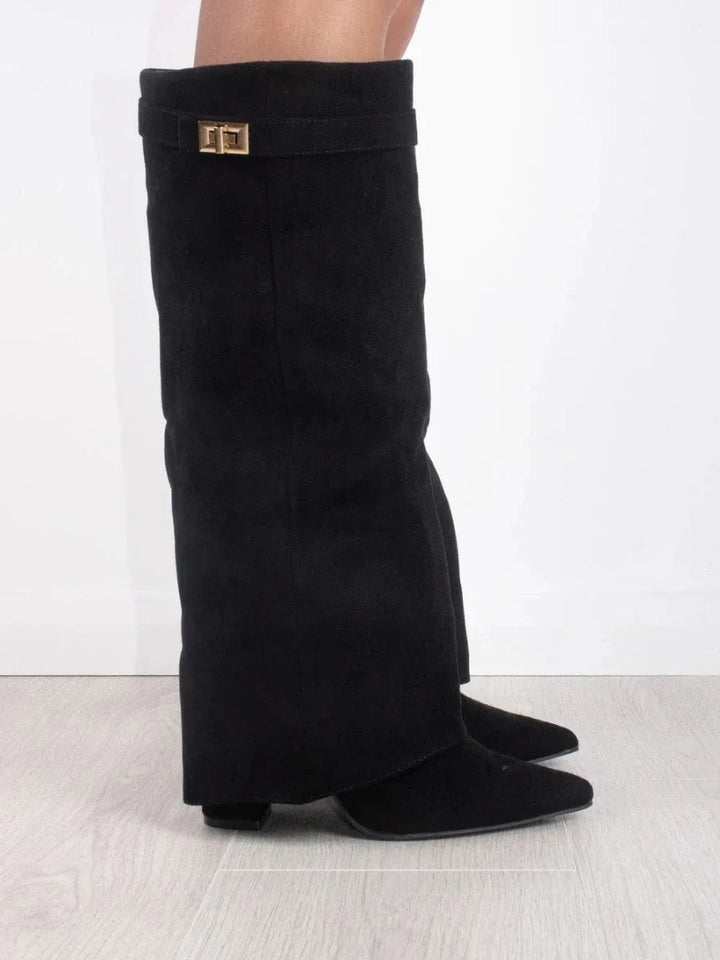 Women's fold-over faux suede boots with gold clasp - view 1
