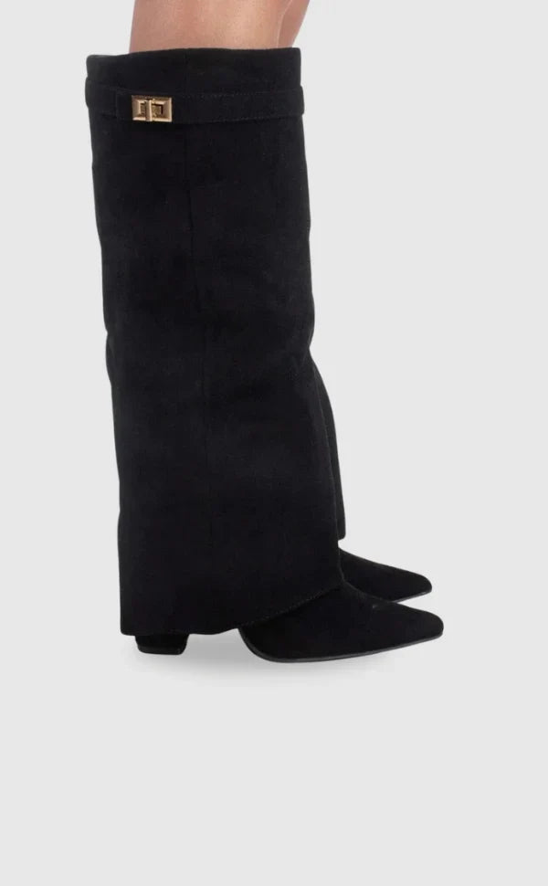 Women's fold-over faux suede boots with gold clasp - view 2