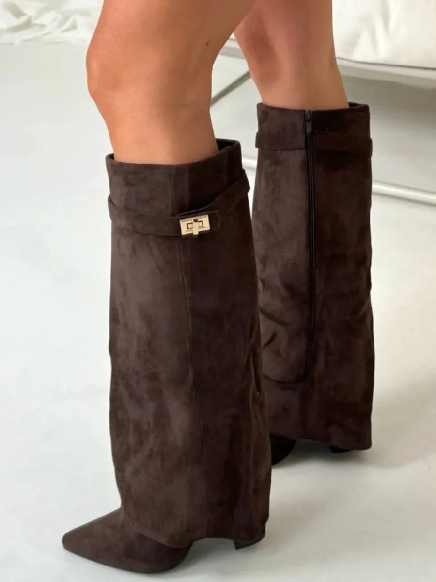Women's fold-over faux suede boots with gold clasp - view 11