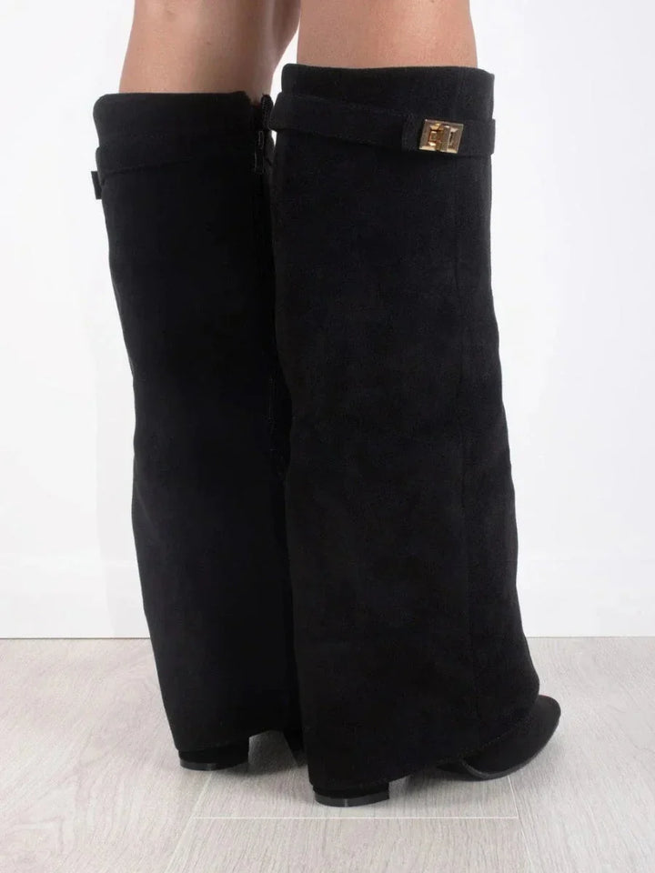 Women's fold-over faux suede boots with gold clasp - view 6