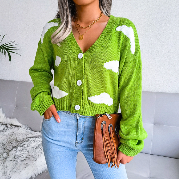 Cloud Print Cropped Knit Cardigan for Women Button Up V Neck