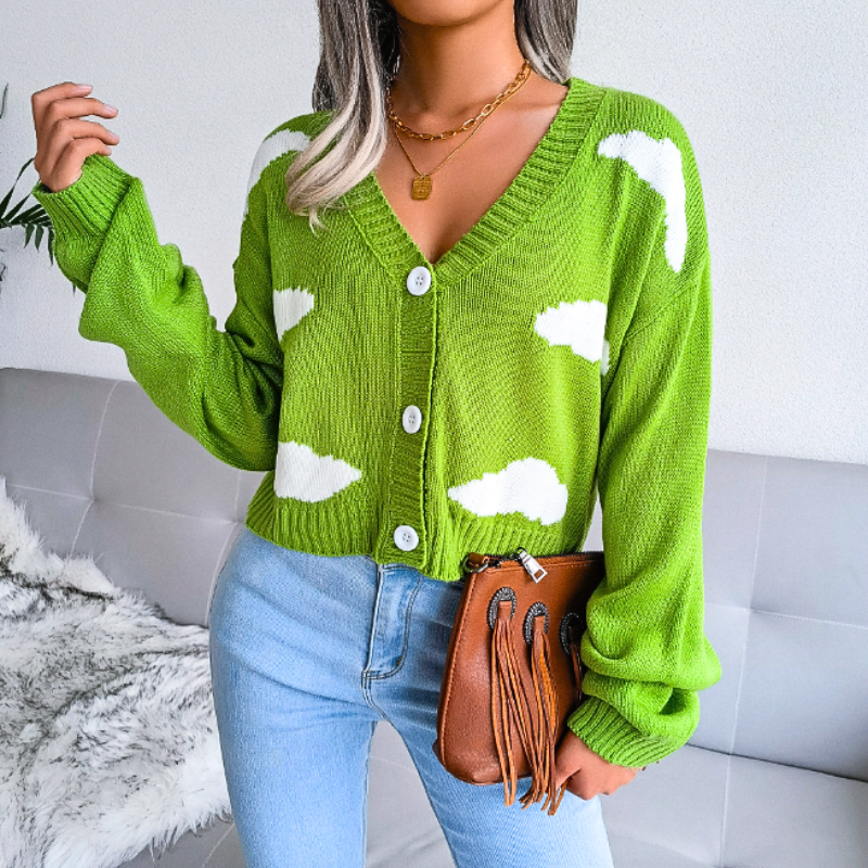 Cloud Print Cropped Knit Cardigan for Women Button Up V Neck