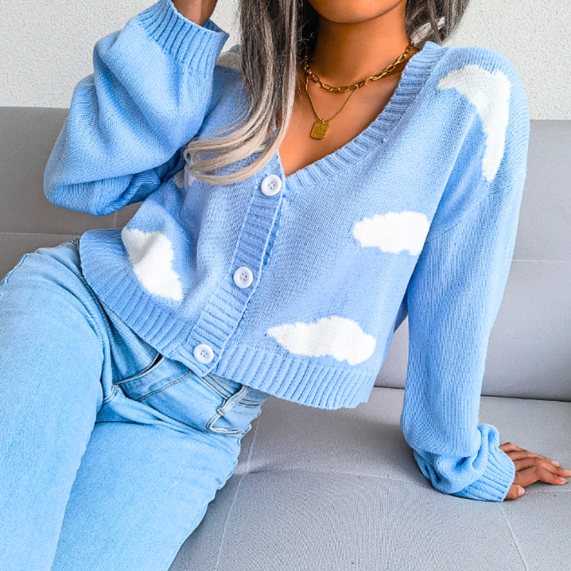Cloud Print Cropped Knit Cardigan for Women Button Up V Neck