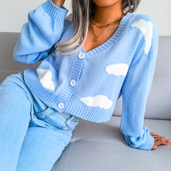 Cloud Print Cropped Knit Cardigan for Women Button Up V Neck