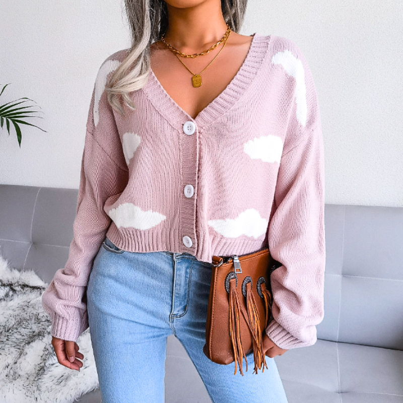 Cloud Print Cropped Knit Cardigan for Women Button Up V Neck