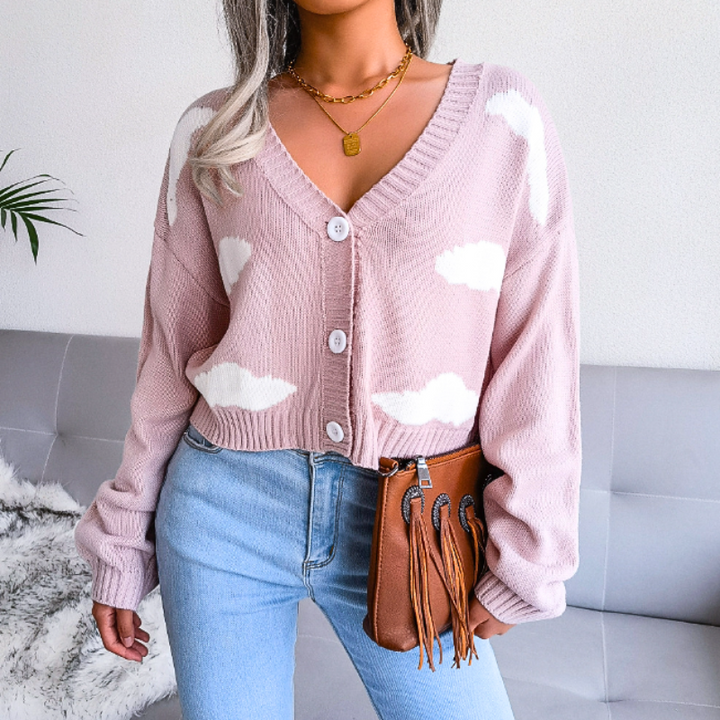 Cloud Print Cropped Knit Cardigan for Women Button Up V Neck