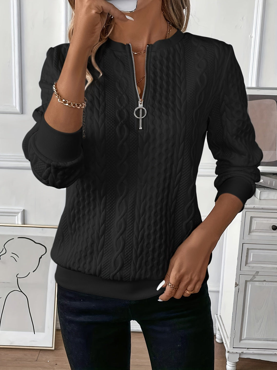 Half-Zip Ring Pull Cable Knit Jumper for Women - Black