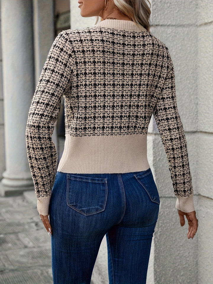 Houndstooth Print Cropped Cardigan for Women Button Up Ribbed Trim