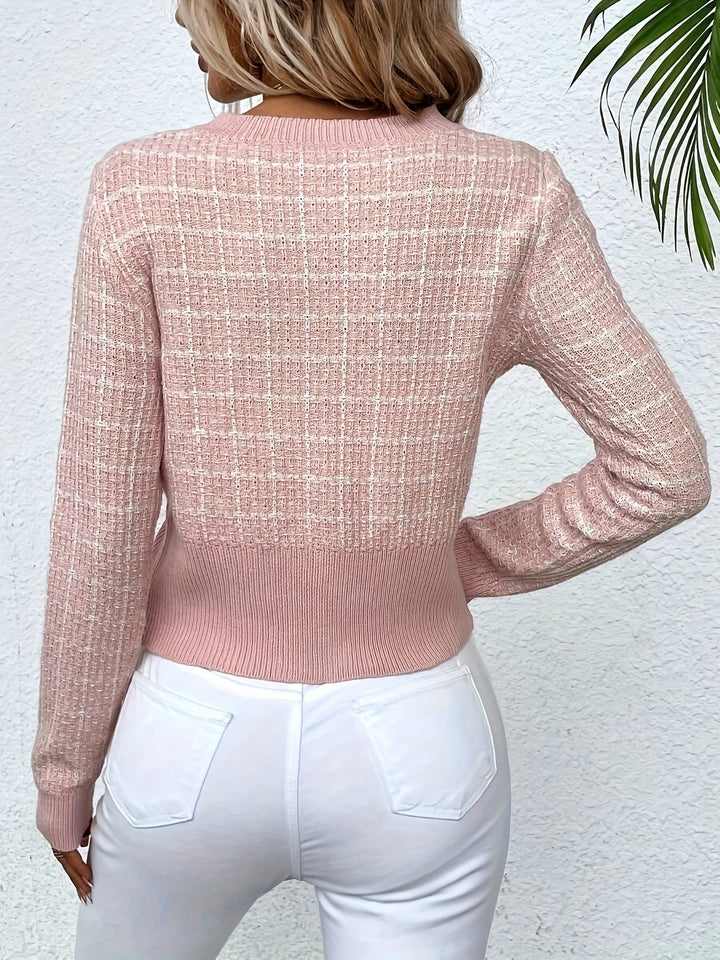 Houndstooth Print Cropped Cardigan for Women Button Up Ribbed Trim