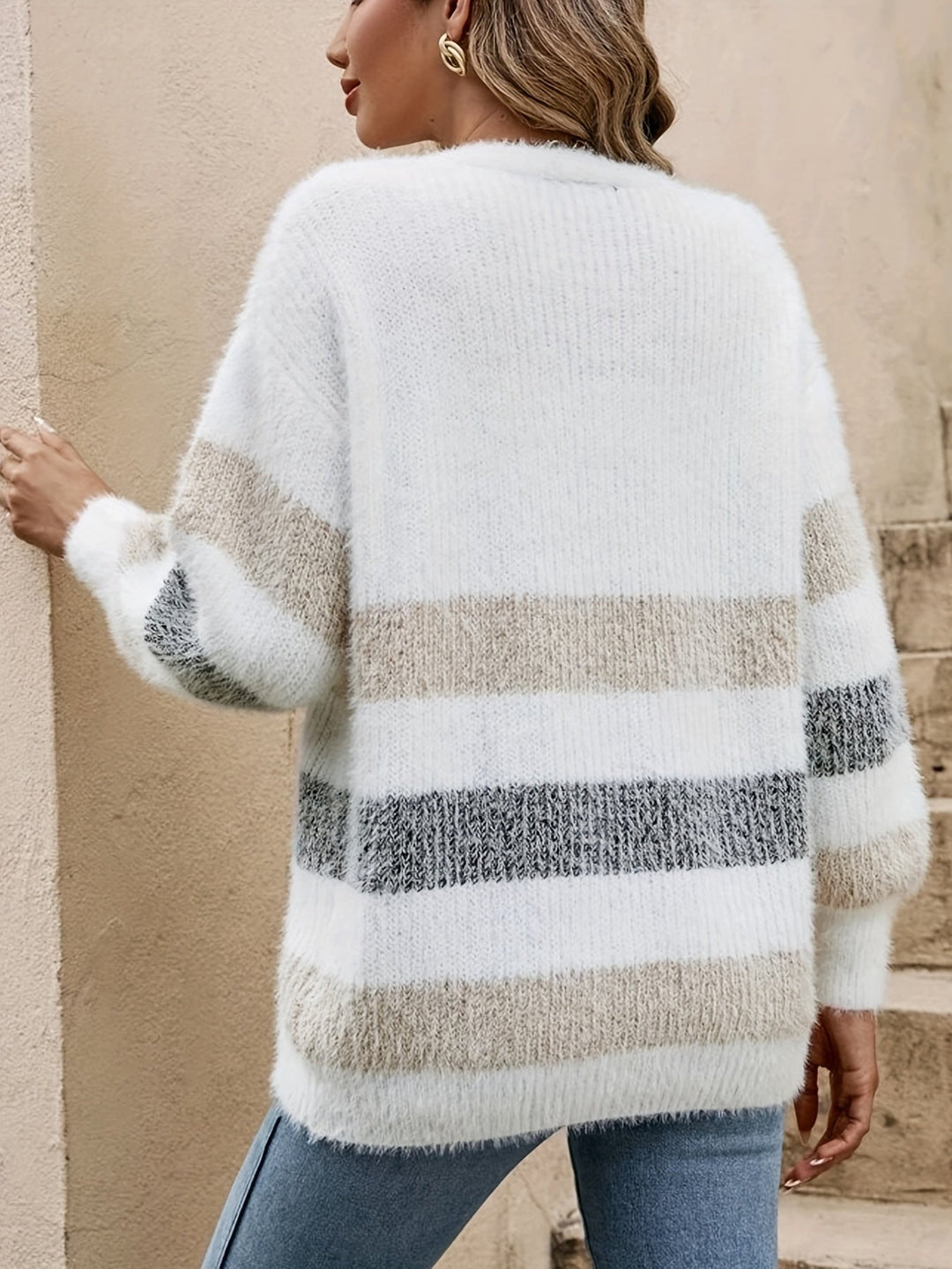 Textured Colour Block Knit Cardigan for Women Button Up Volume Sleeve