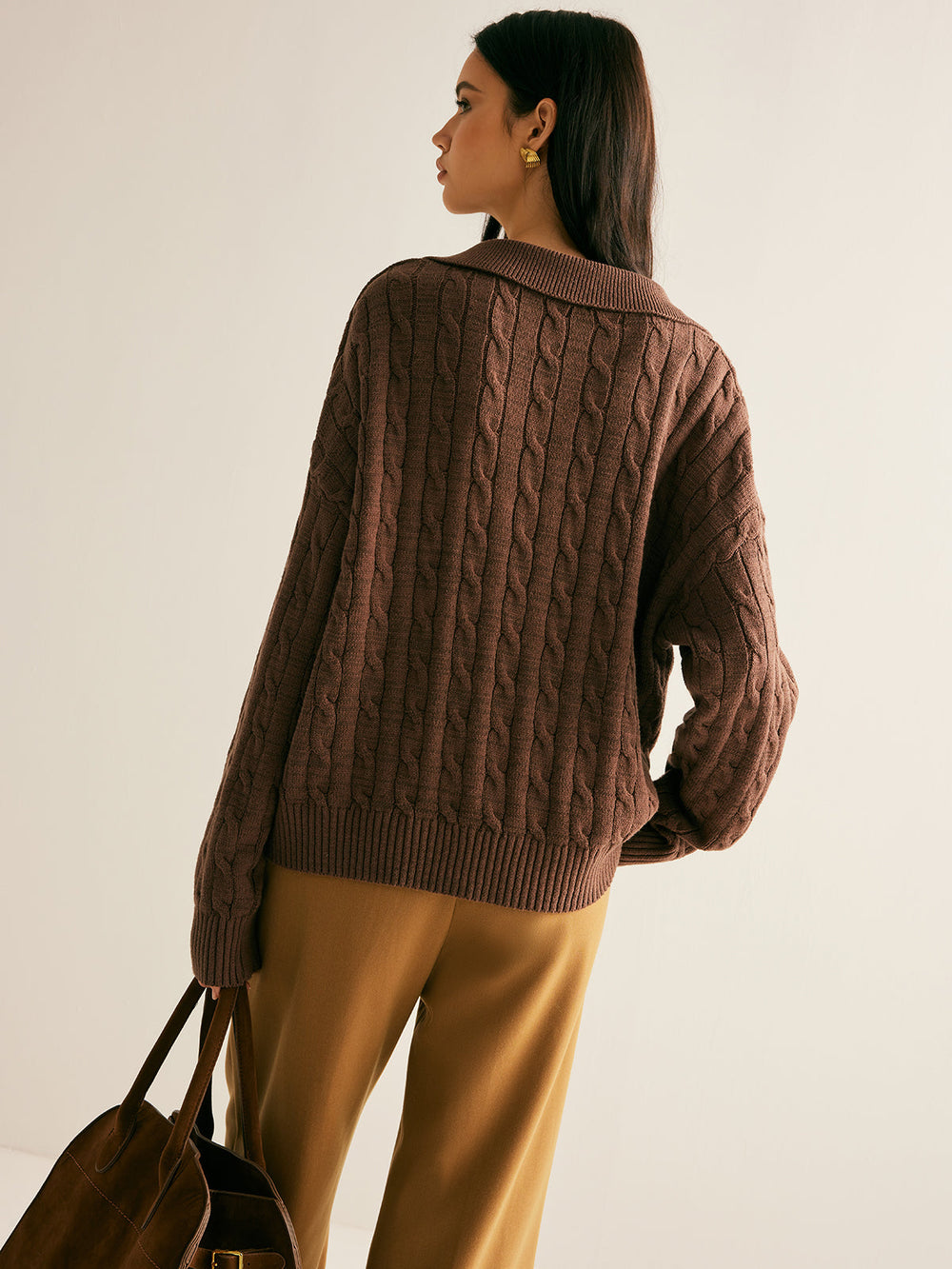 Collared V-Neck Cable Knit Jumper for Women - side view
