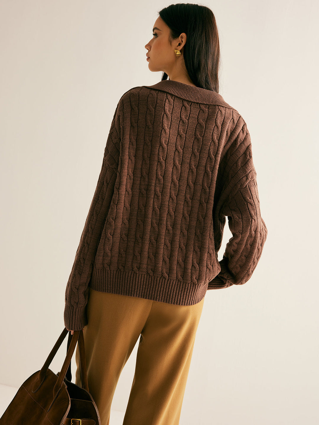 Collared V-Neck Cable Knit Jumper for Women - side view
