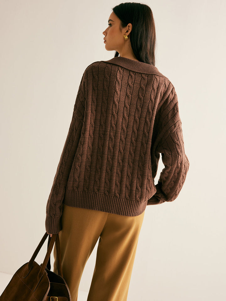 Collared V-Neck Cable Knit Jumper for Women - side view