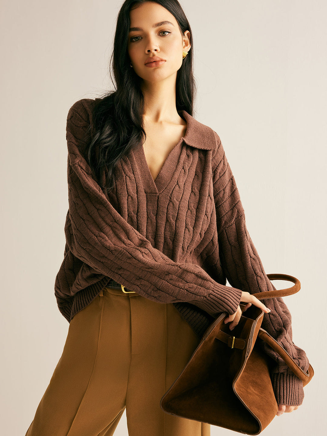 Collared V-Neck Cable Knit Jumper for Women - detail view