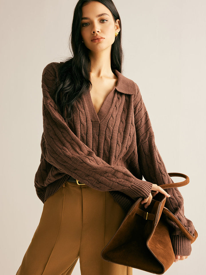 Collared V-Neck Cable Knit Jumper for Women - detail view
