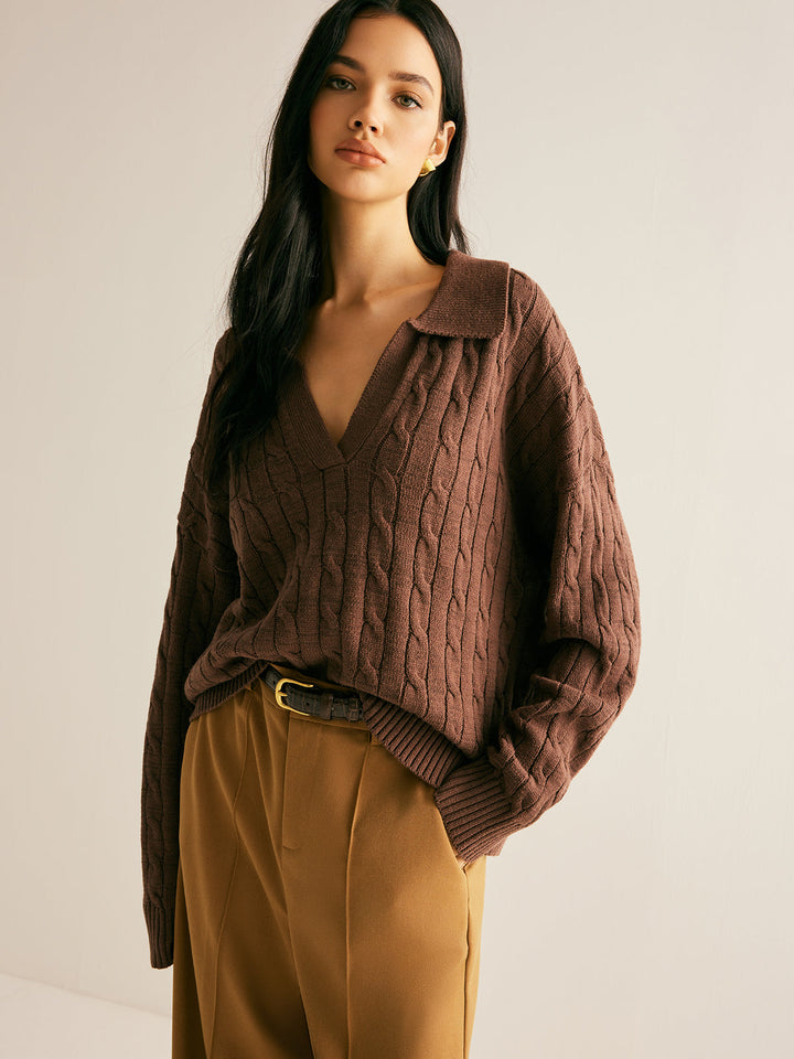 Collared V-Neck Cable Knit Jumper for Women - styled
