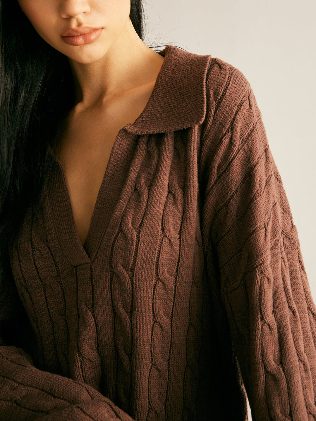 Collared V-Neck Cable Knit Jumper for Women - back view
