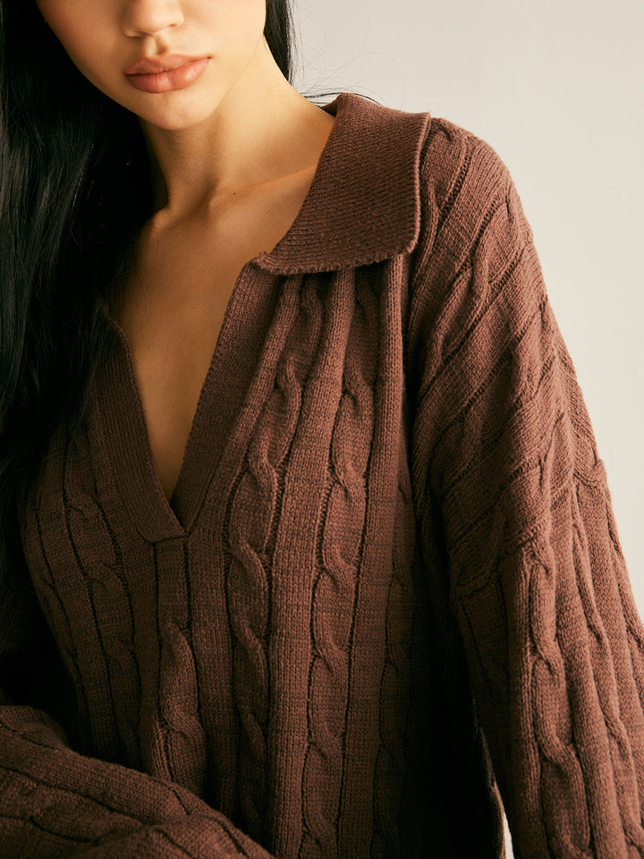Collared V-Neck Cable Knit Jumper for Women - back view