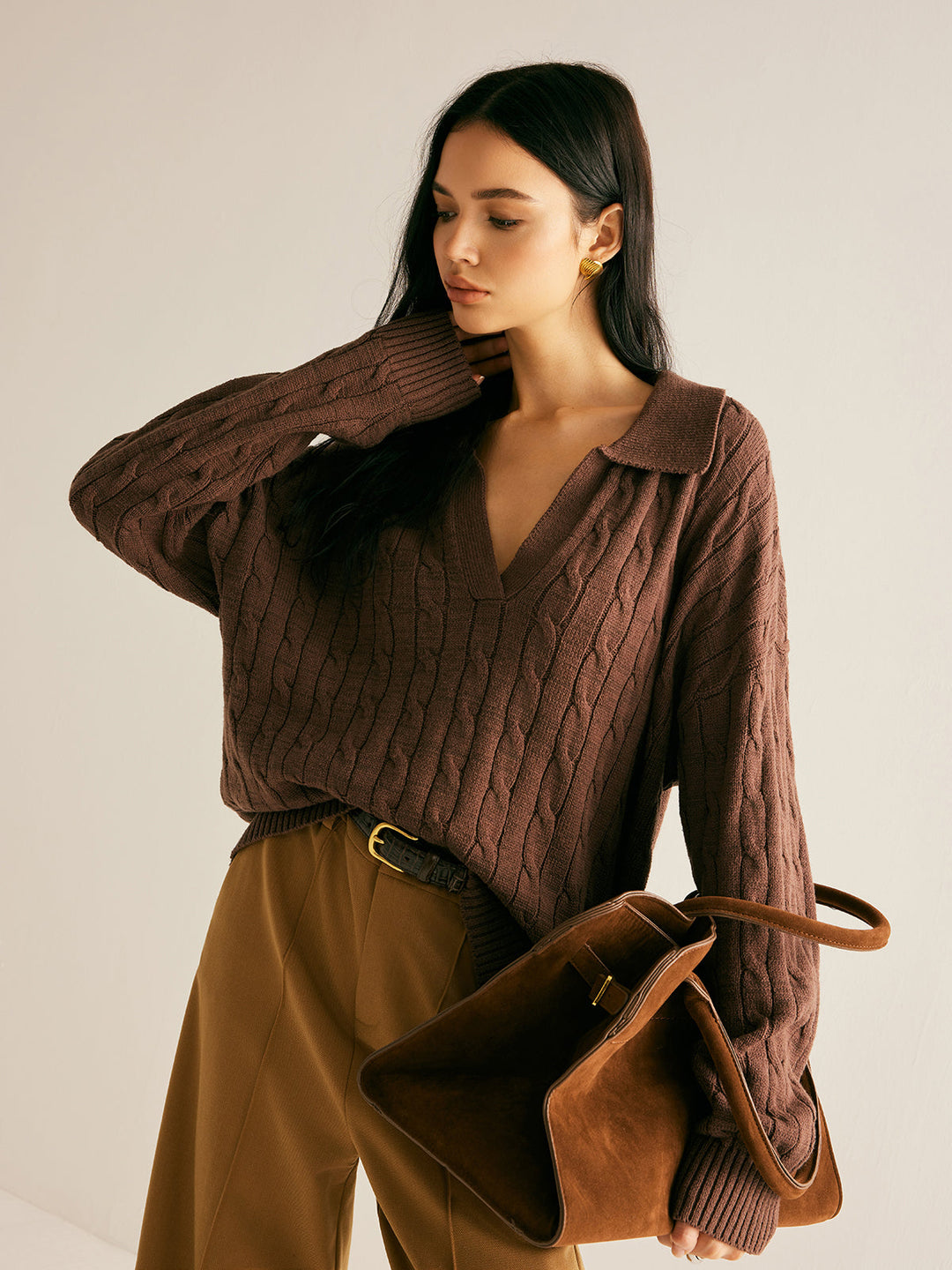Collared V-Neck Cable Knit Jumper for Women - front view