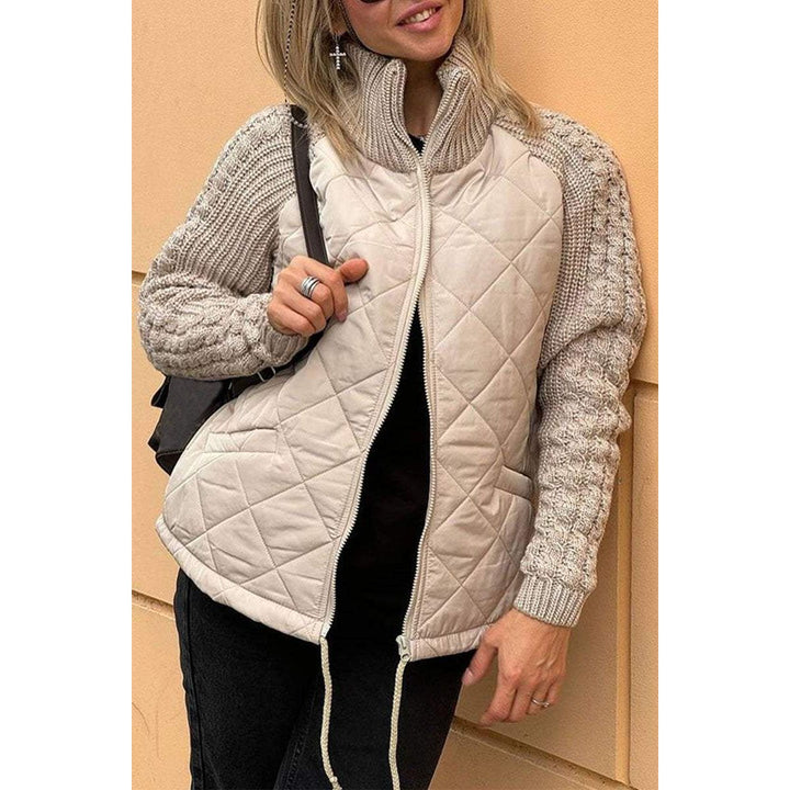 Quilted Jacket with Cable Knit Sleeves for Women - Khaki