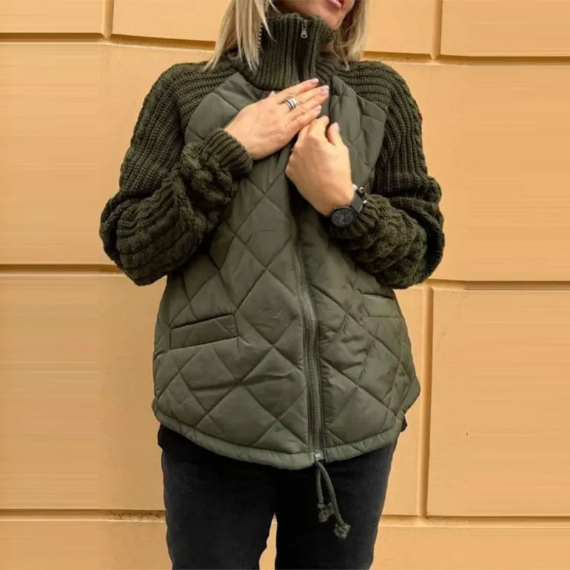 Quilted Jacket with Cable Knit Sleeves for Women - Green
