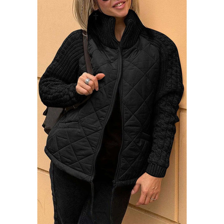 Quilted Jacket with Cable Knit Sleeves for Women - Black