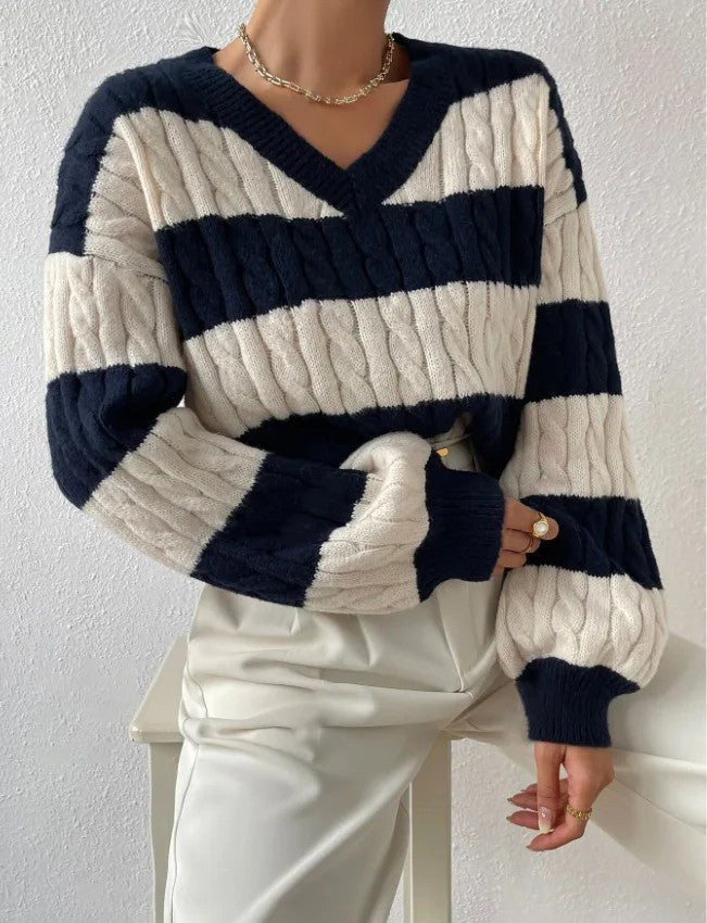 Striped Cable Knit V-Neck Jumper for Women - detail view