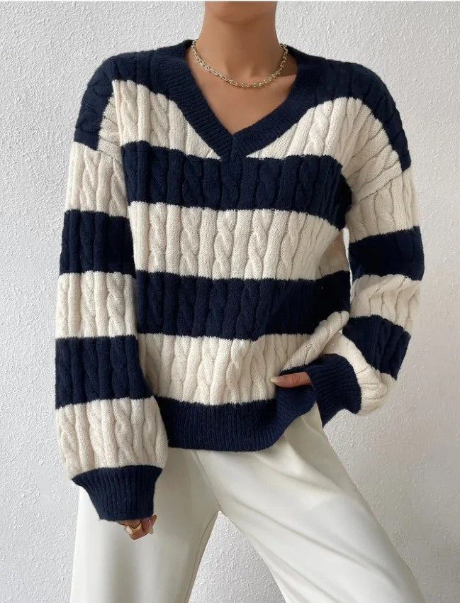 Striped Cable Knit V-Neck Jumper for Women - side view