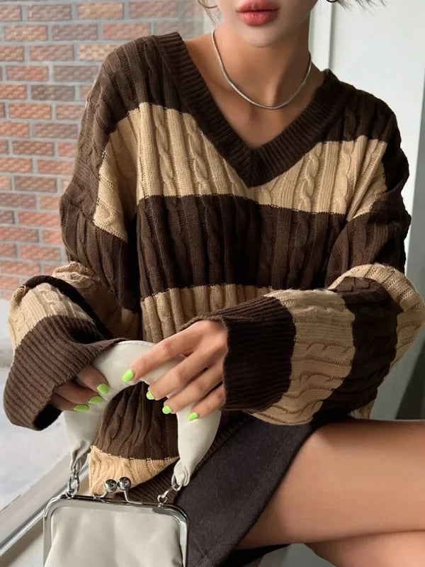 Striped Cable Knit V-Neck Jumper for Women - Brown