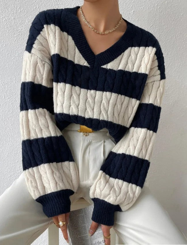 Striped Cable Knit V-Neck Jumper for Women - Black