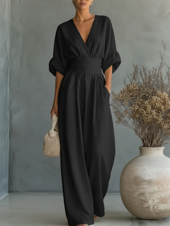 V Neck Long Sleeve Jumpsuit for Women Side Pockets