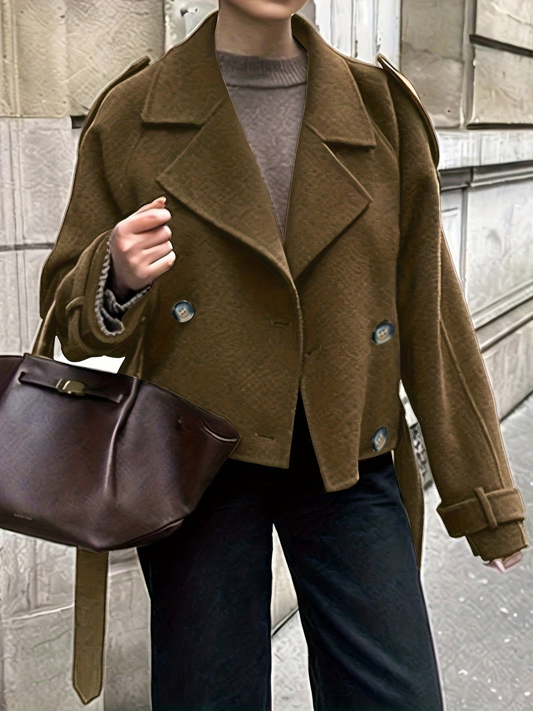 Coffee Brown Belted Pea Coat for Women - Oversized Wool Blend Coat