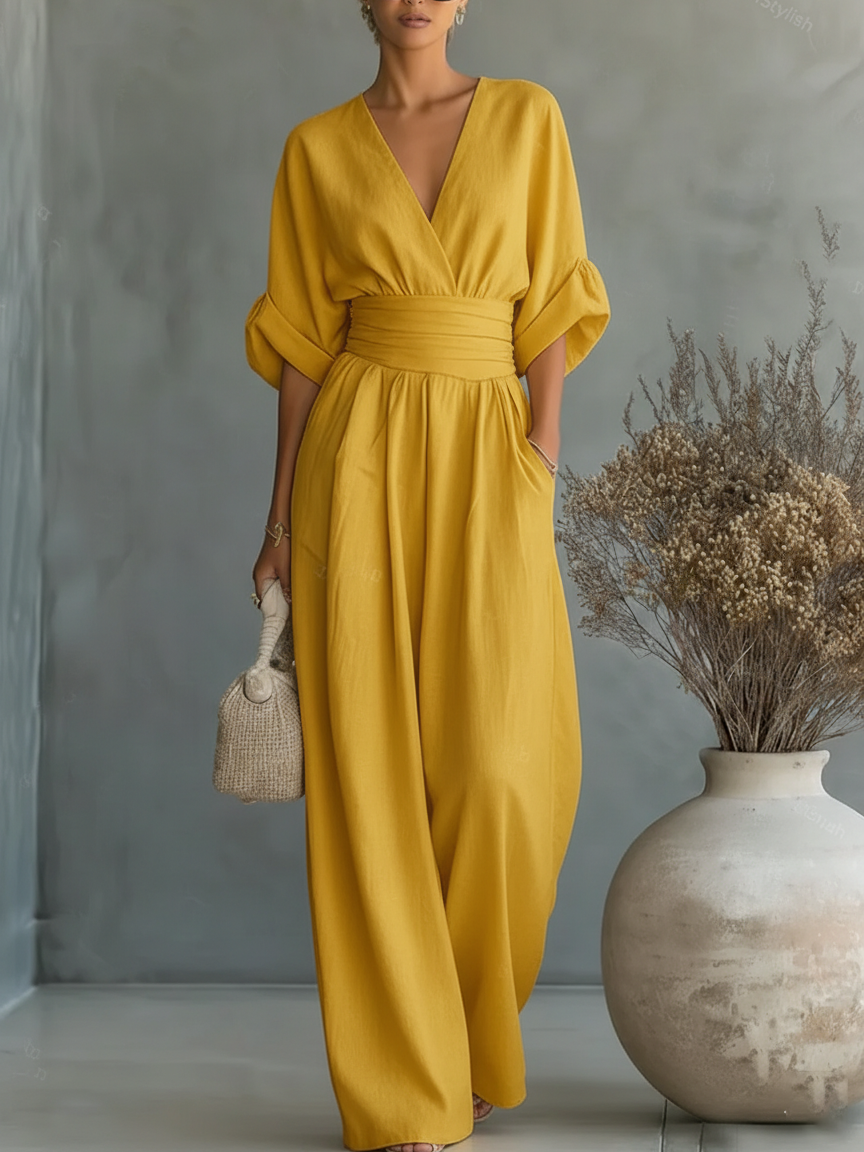 V Neck Long Sleeve Jumpsuit for Women Side Pockets