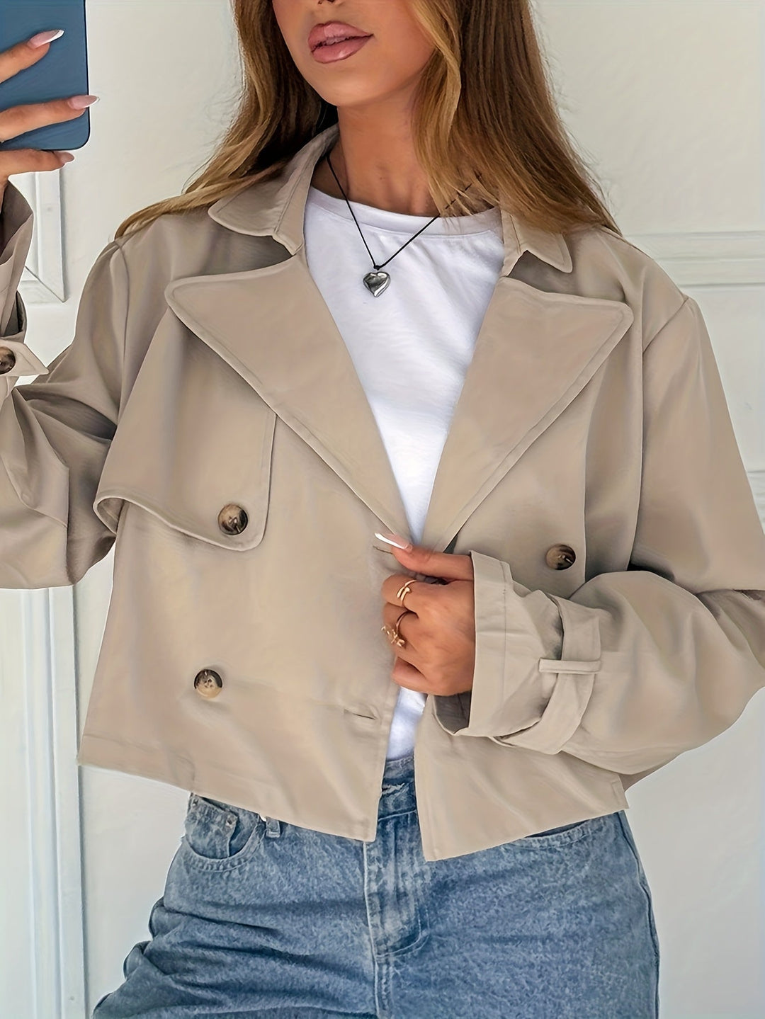 Khaki Faux Leather Pea Coat for Women - Cropped Double Breasted Coat