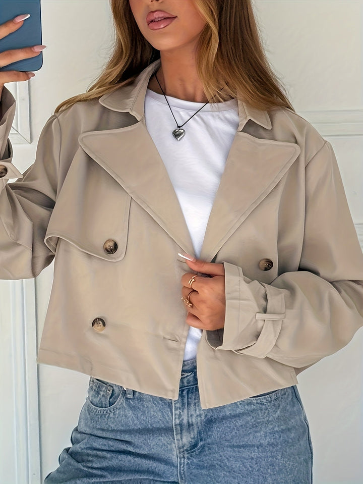 Khaki Faux Leather Pea Coat for Women - Cropped Double Breasted Coat