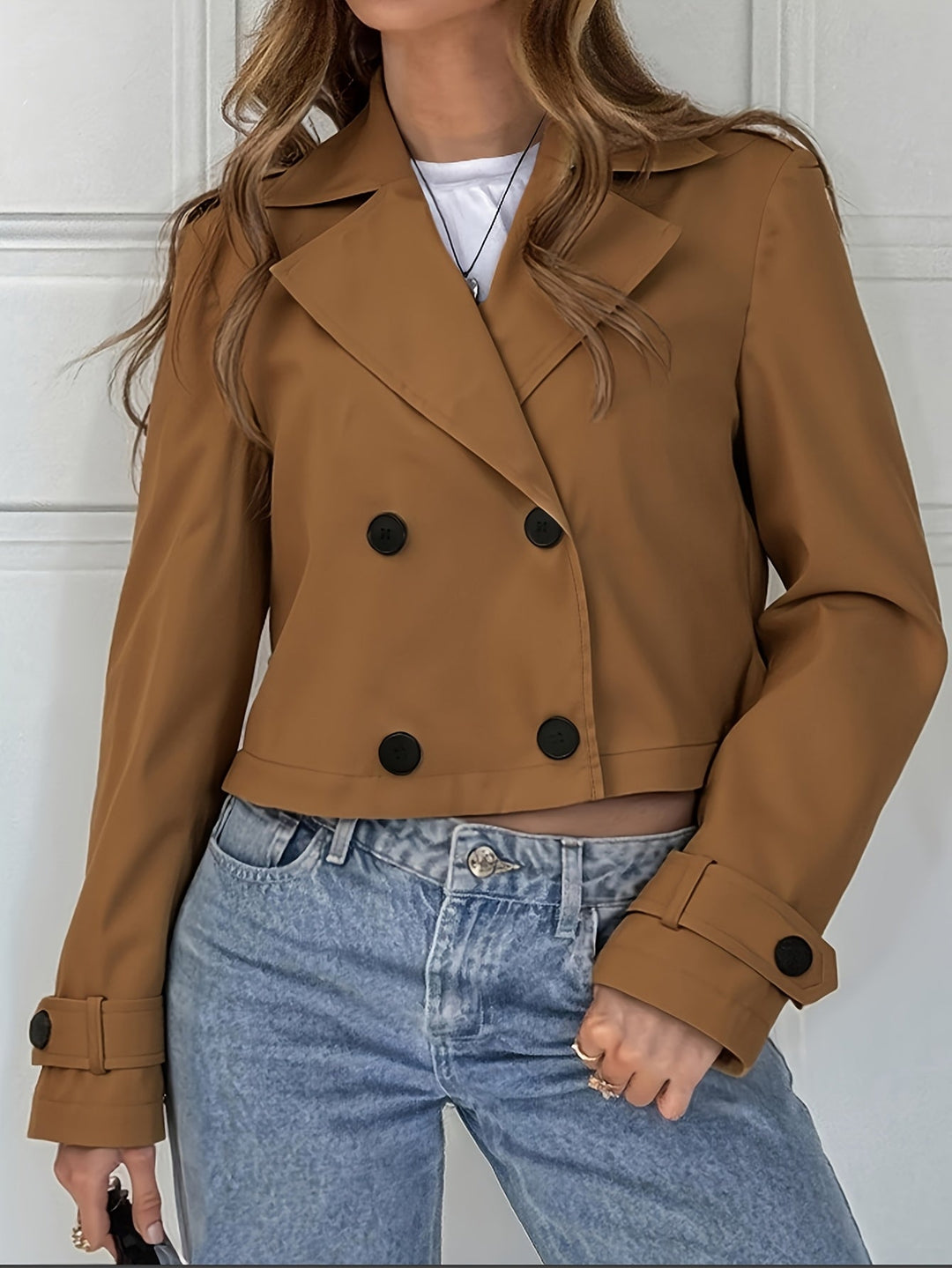 Brown Cropped Pea Coat for Women - Double Breasted Short Winter Coat