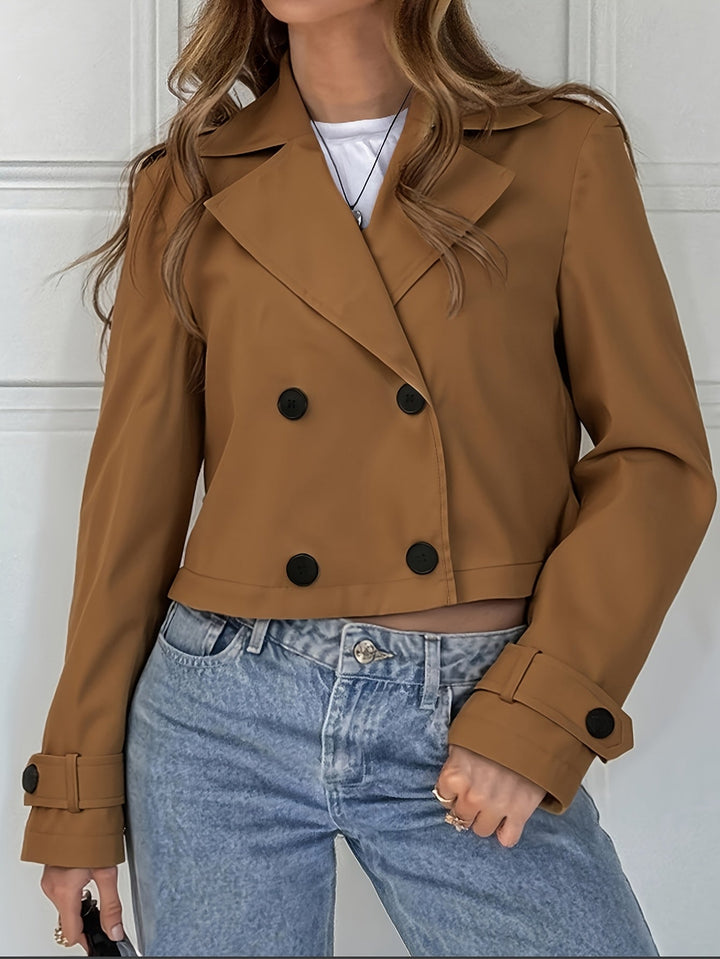 Brown Cropped Pea Coat for Women - Double Breasted Short Winter Coat
