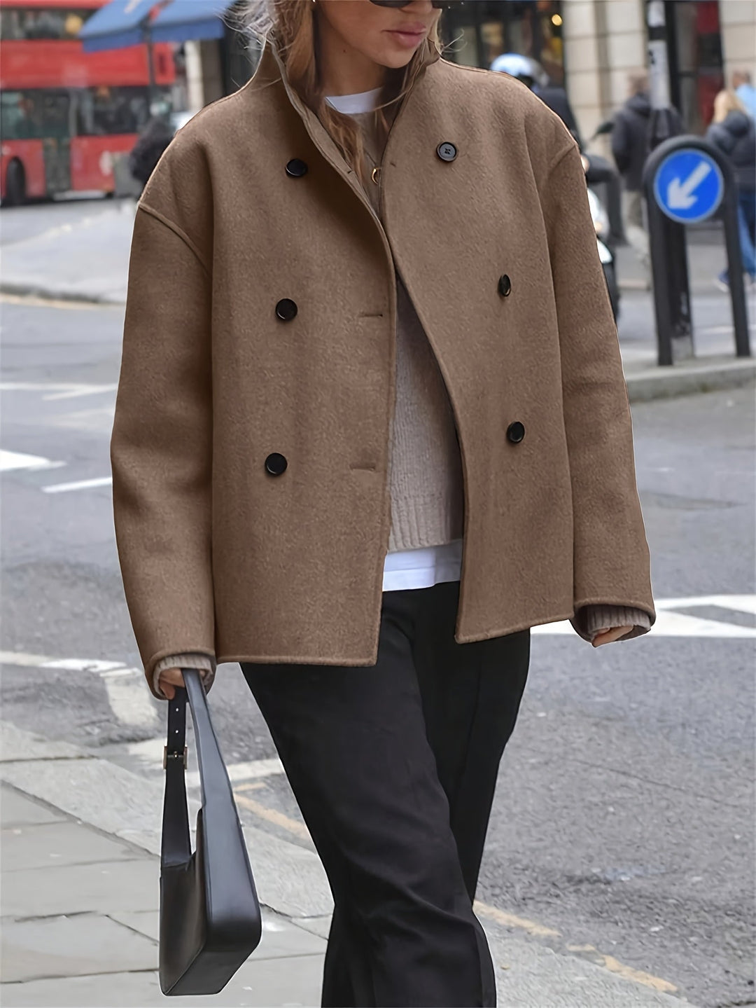 Camel Wool Pea Coat for Women - Oversized Double Breasted Winter Coat