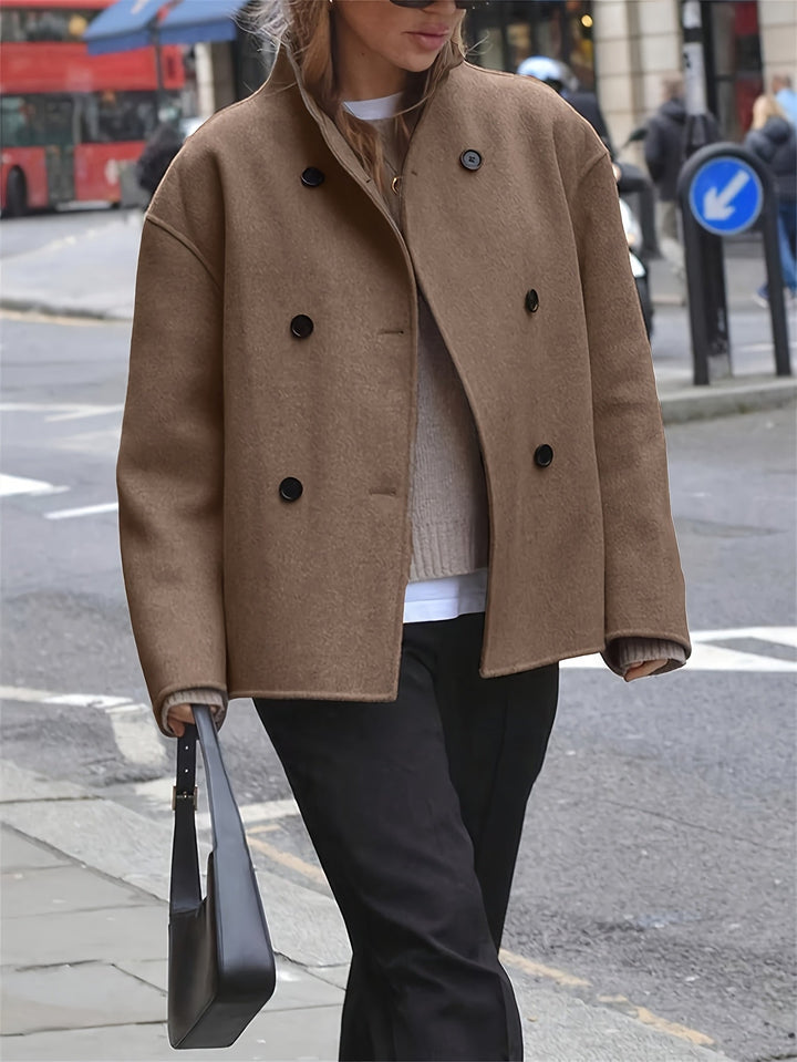 Camel Wool Pea Coat for Women - Oversized Double Breasted Winter Coat