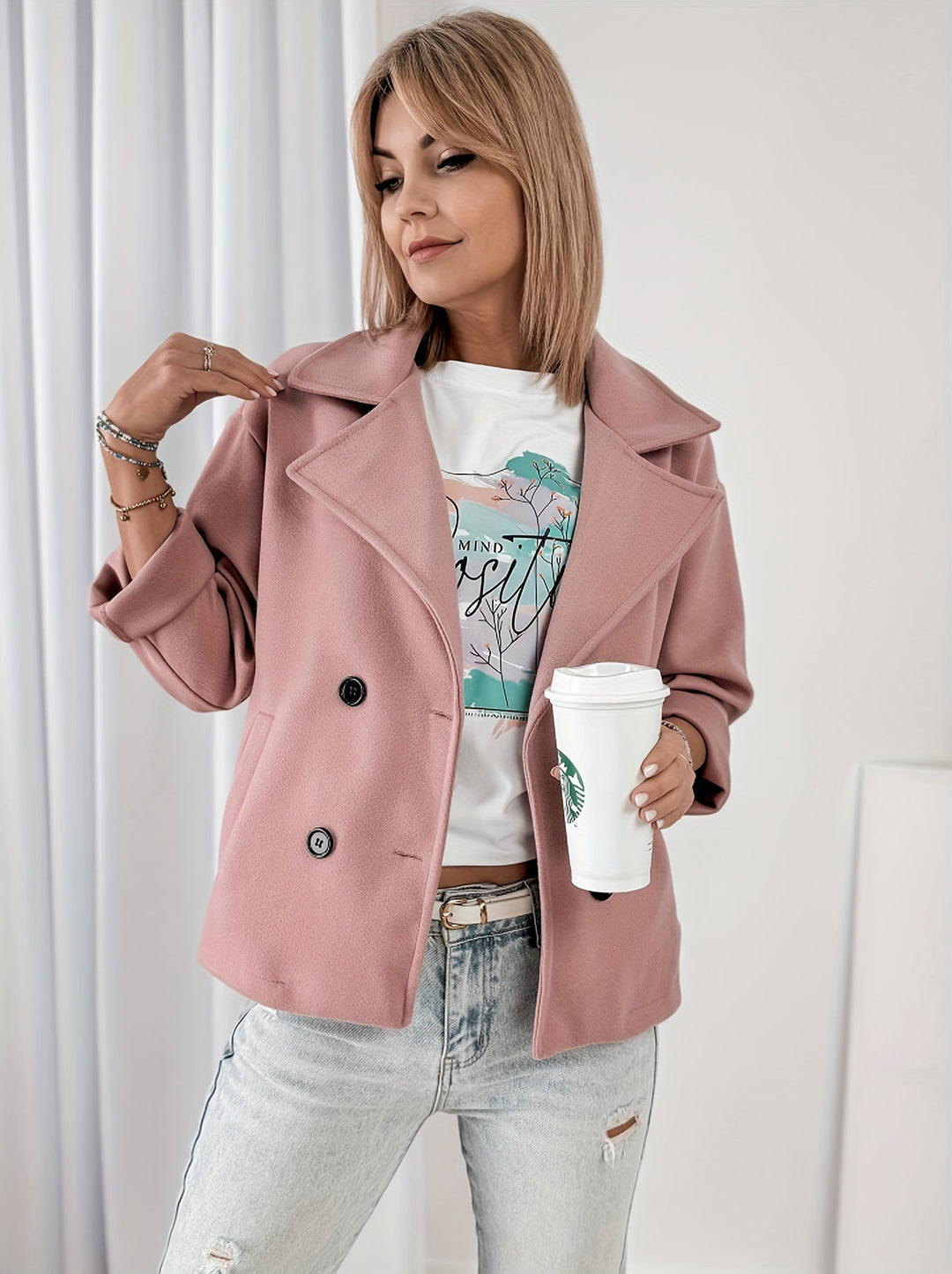 Pink Cropped Pea Coat for Women - Double Breasted Brushed Winter Coat