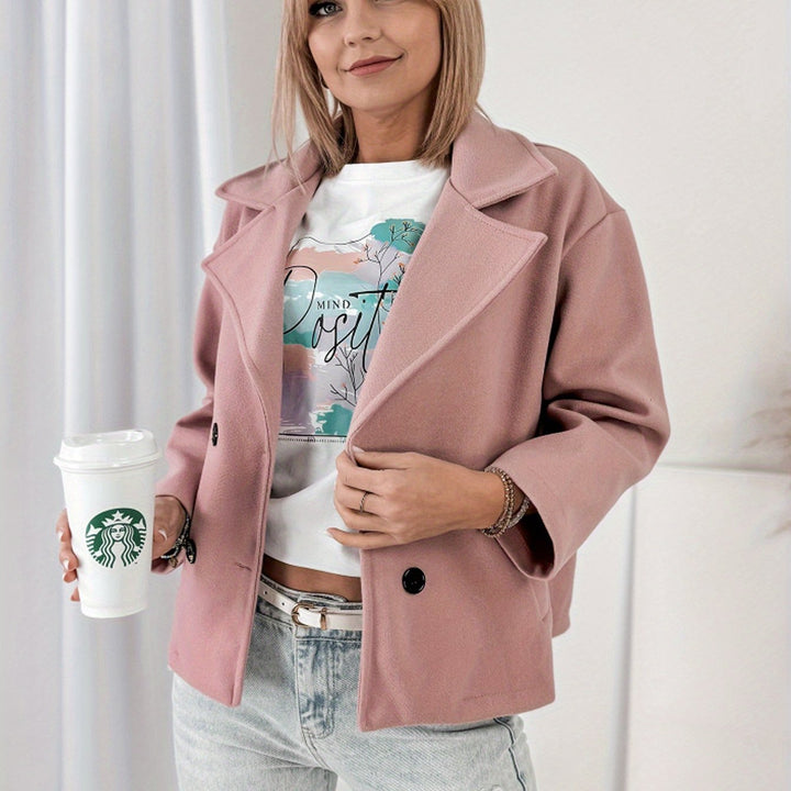 Pink Cropped Pea Coat for Women - Double Breasted Brushed Winter Coat
