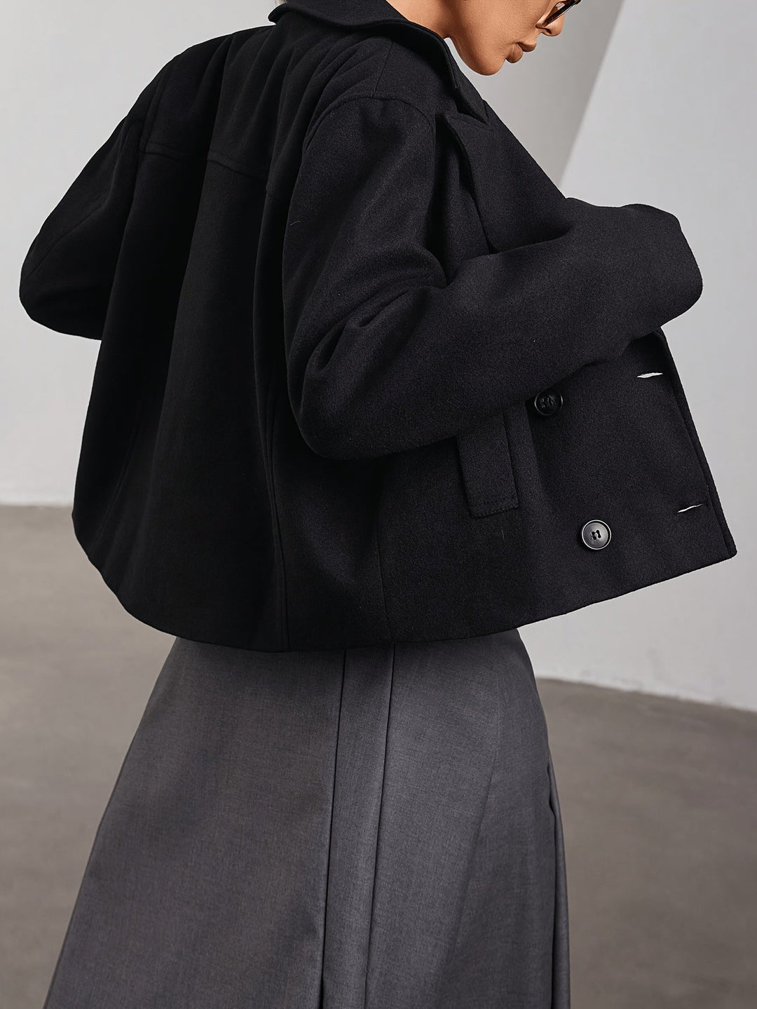 Black Cropped Pea Coat for Women - Double Breasted Wool Blend Coat