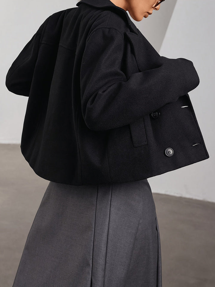 Black Cropped Pea Coat for Women - Double Breasted Wool Blend Coat
