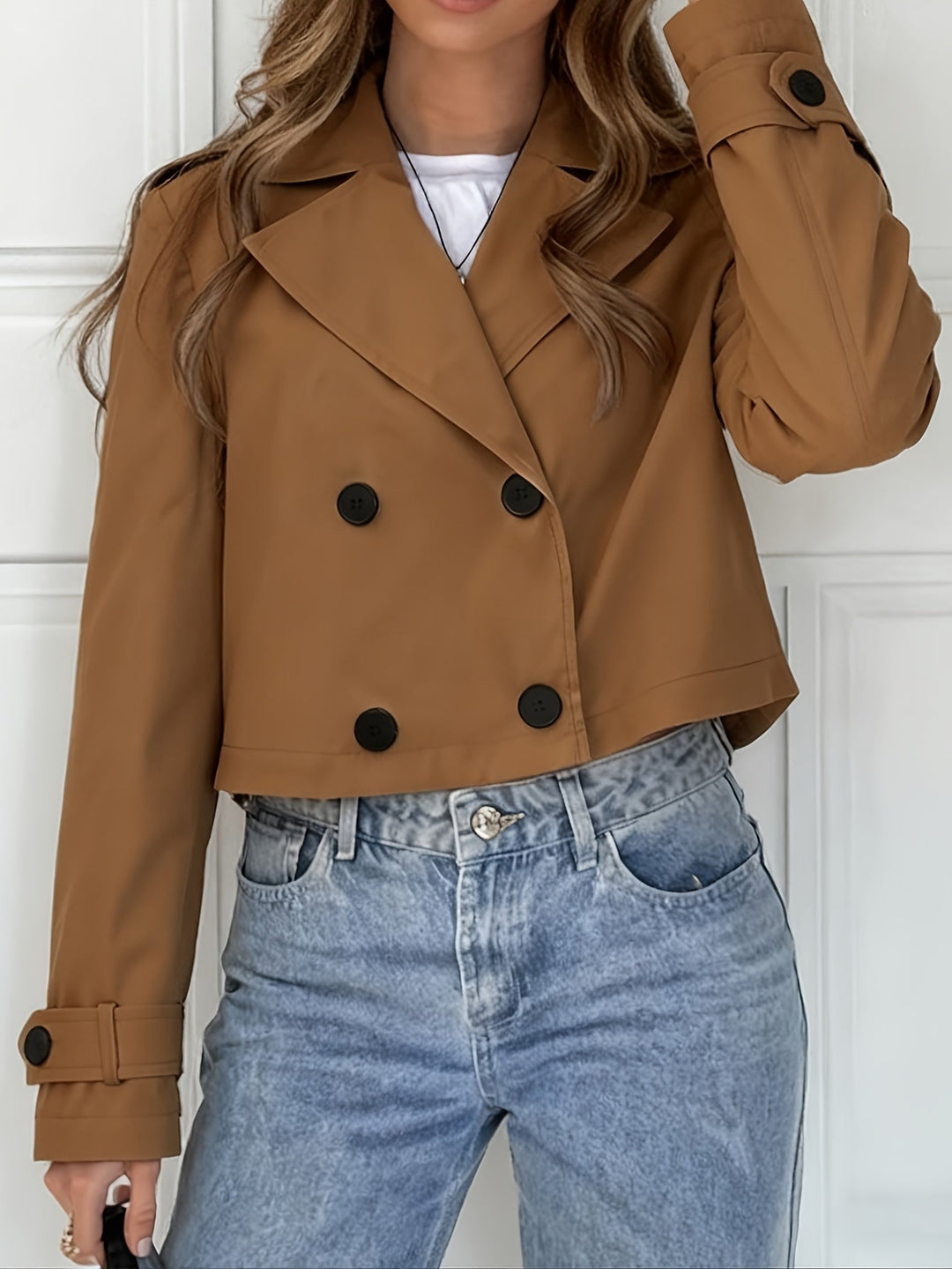 Brown Cropped Pea Coat for Women - Double Breasted Short Winter Coat