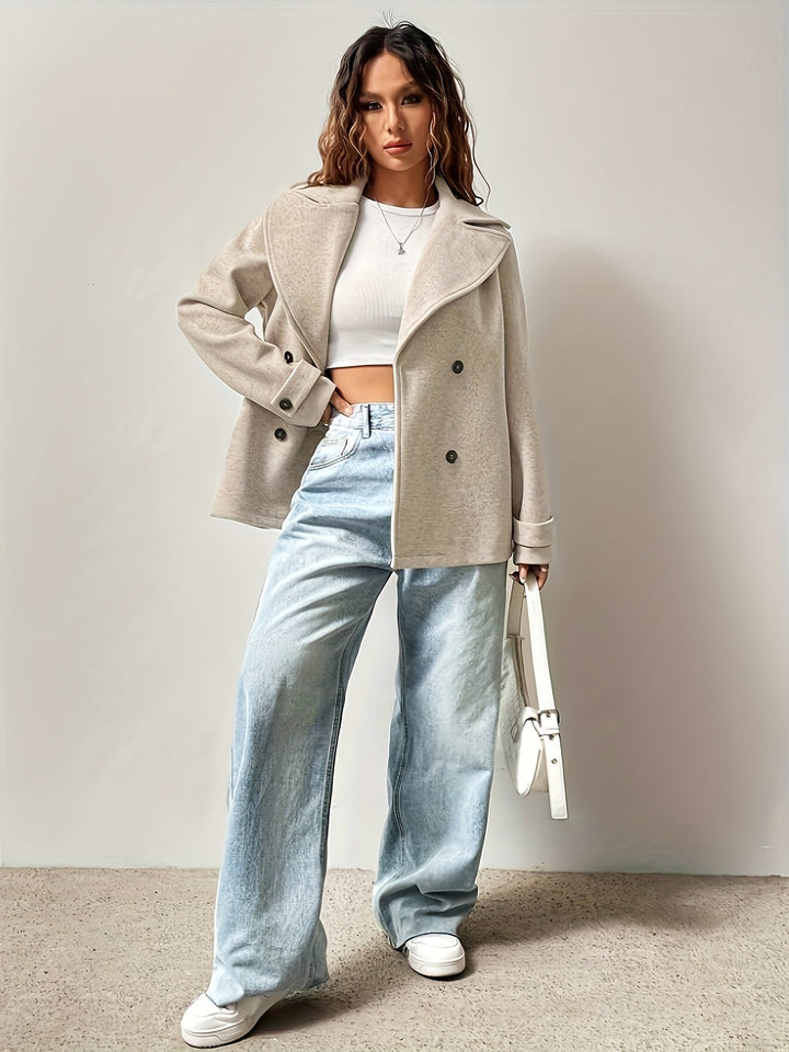 Beige Oversized Pea Coat for Women - Double Breasted Fleece Coat