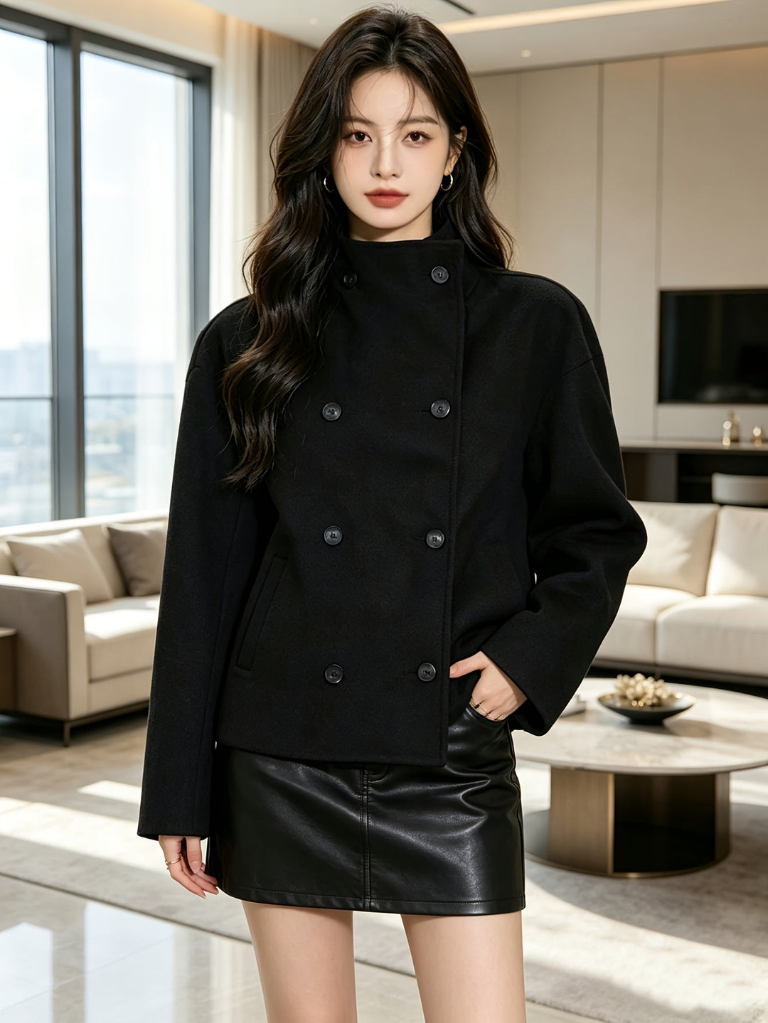 Short Wool Pea Coat for Women - Notch Lapel Double Breasted Jacket